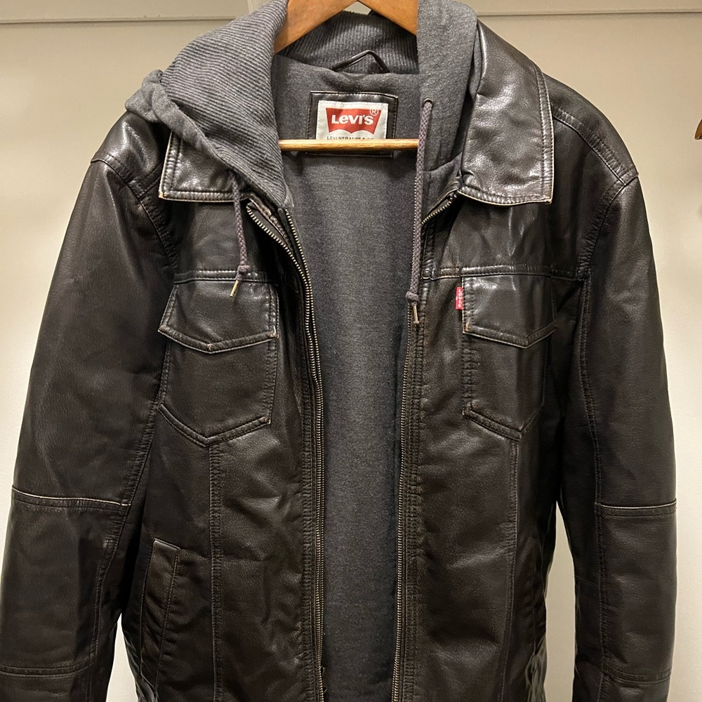 Levi's Faux Leather Trucker with Jersey Hood and Fleece Lining